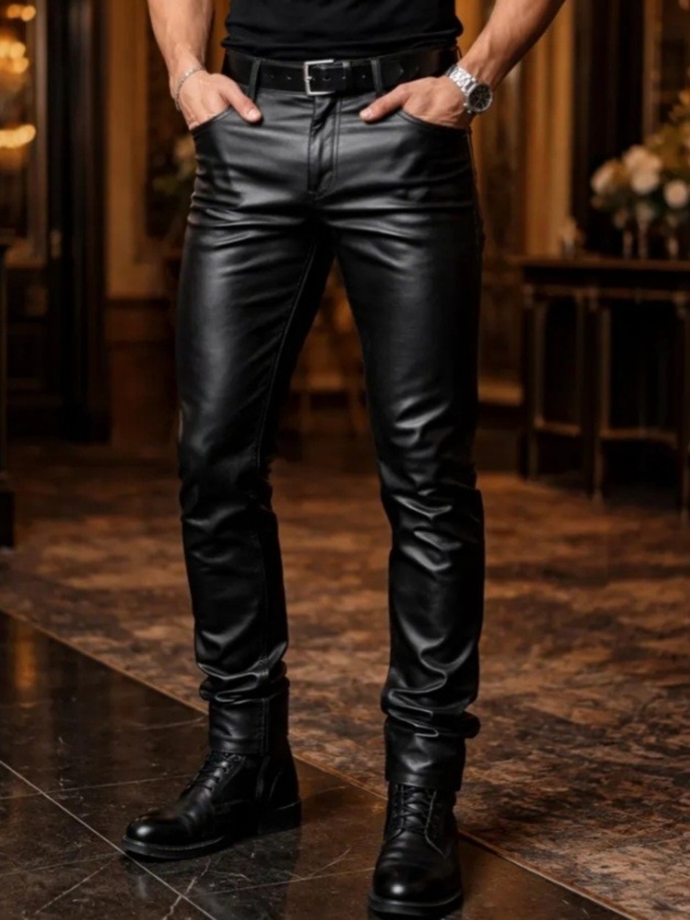 ZARA Men's Black Faux Leather Slim Fit Jeans 29X29